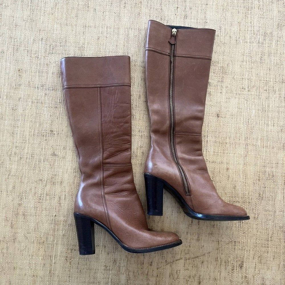 Miu Miu Italy Knee High Light Chestnut Leather Wood Heel Boots